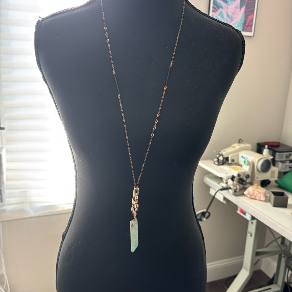 Gold Long Pendant Necklace with Light Green Stone